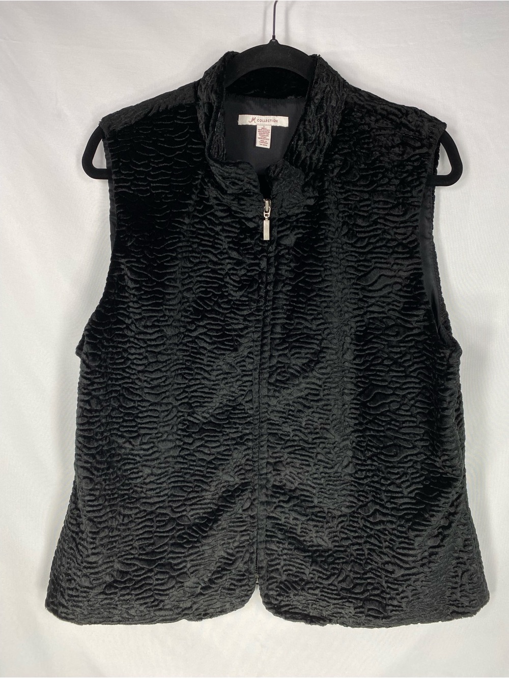 M Collection Textured Black Vest Zip Front Collared Plush L